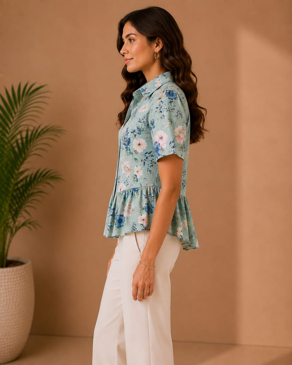 Women's Blue Floral Peplum Shirt with Collar | Premium Printed Top | Hey Martina