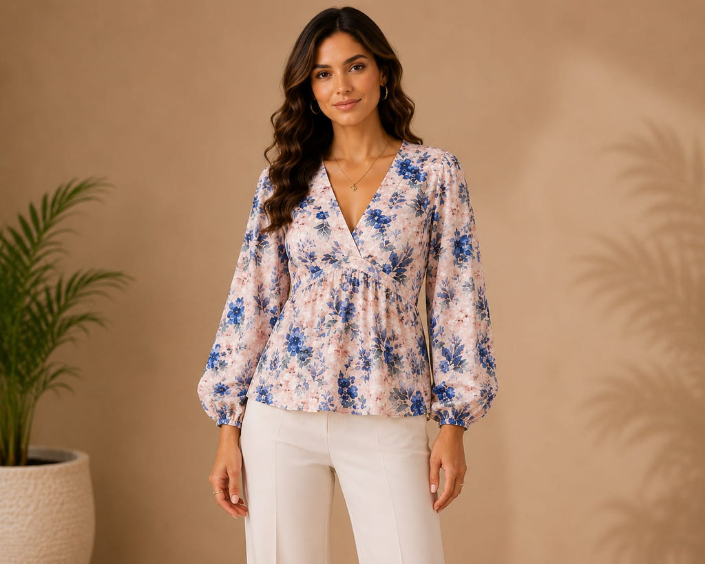 Women's Blue Floral Wrap Peplum Top with Balloon Sleeves | Hey Martina