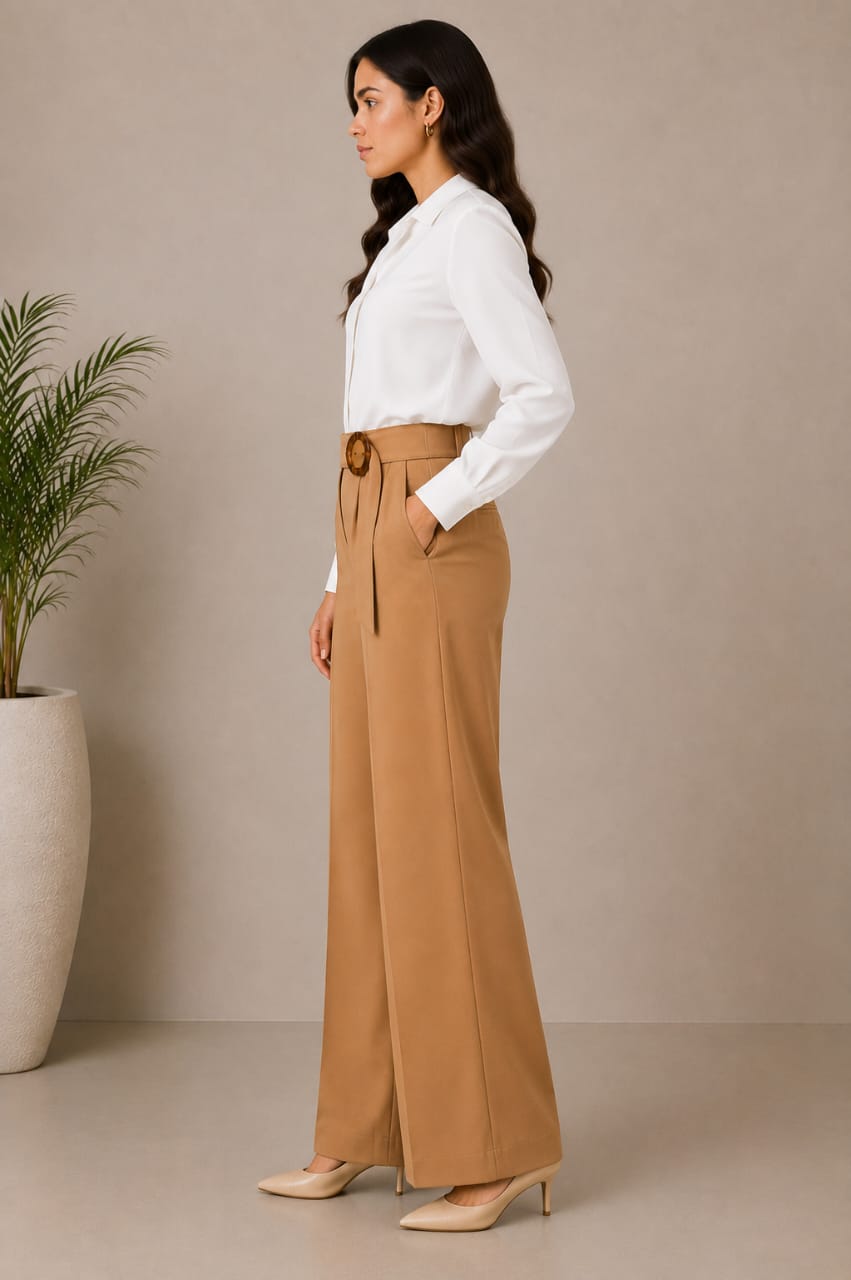 Women's Camel High-Waist Wide-Leg Trousers with Buckle Belt