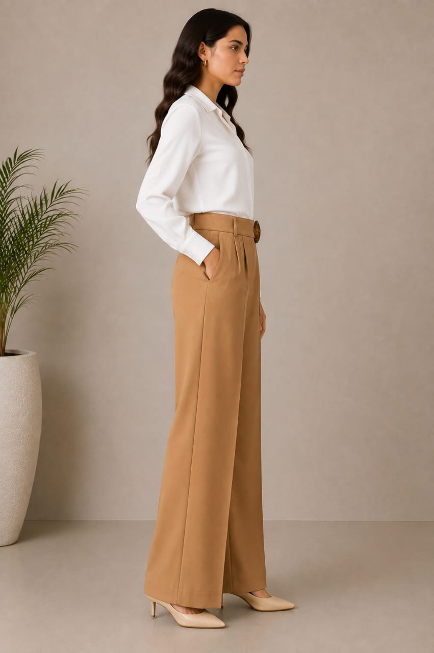 Women's Camel High-Waist Wide-Leg Trousers with Buckle Belt