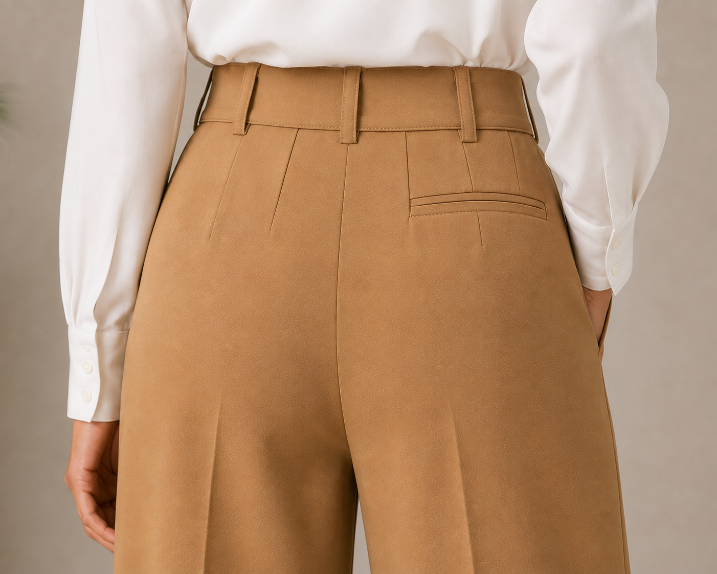 Women's Camel High-Waist Wide-Leg Trousers with Buckle Belt