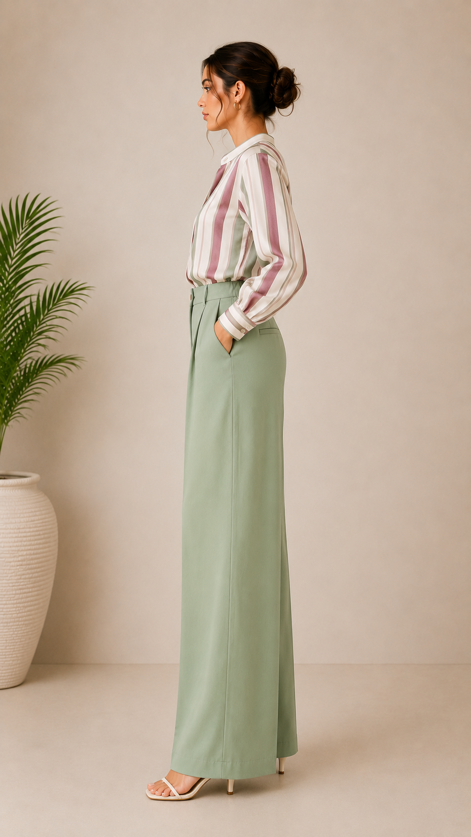 Women's High-Waist Wide-Leg Trousers – Sage Green | Premium Office Wear Pants | Hey Martina