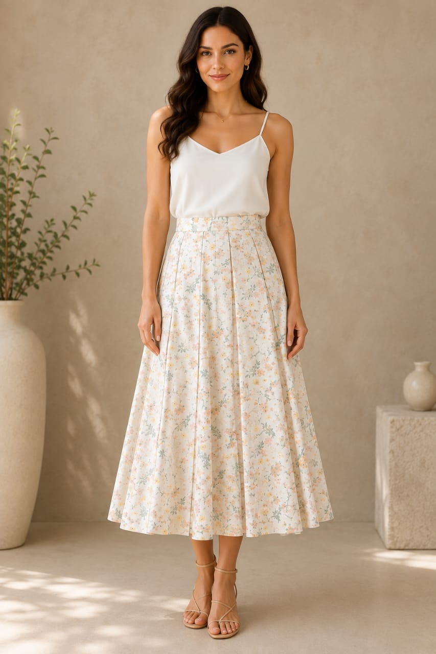 Floral Print Pleated Midi Skirt