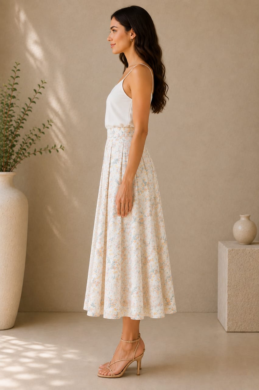 Floral Print Pleated Midi Skirt