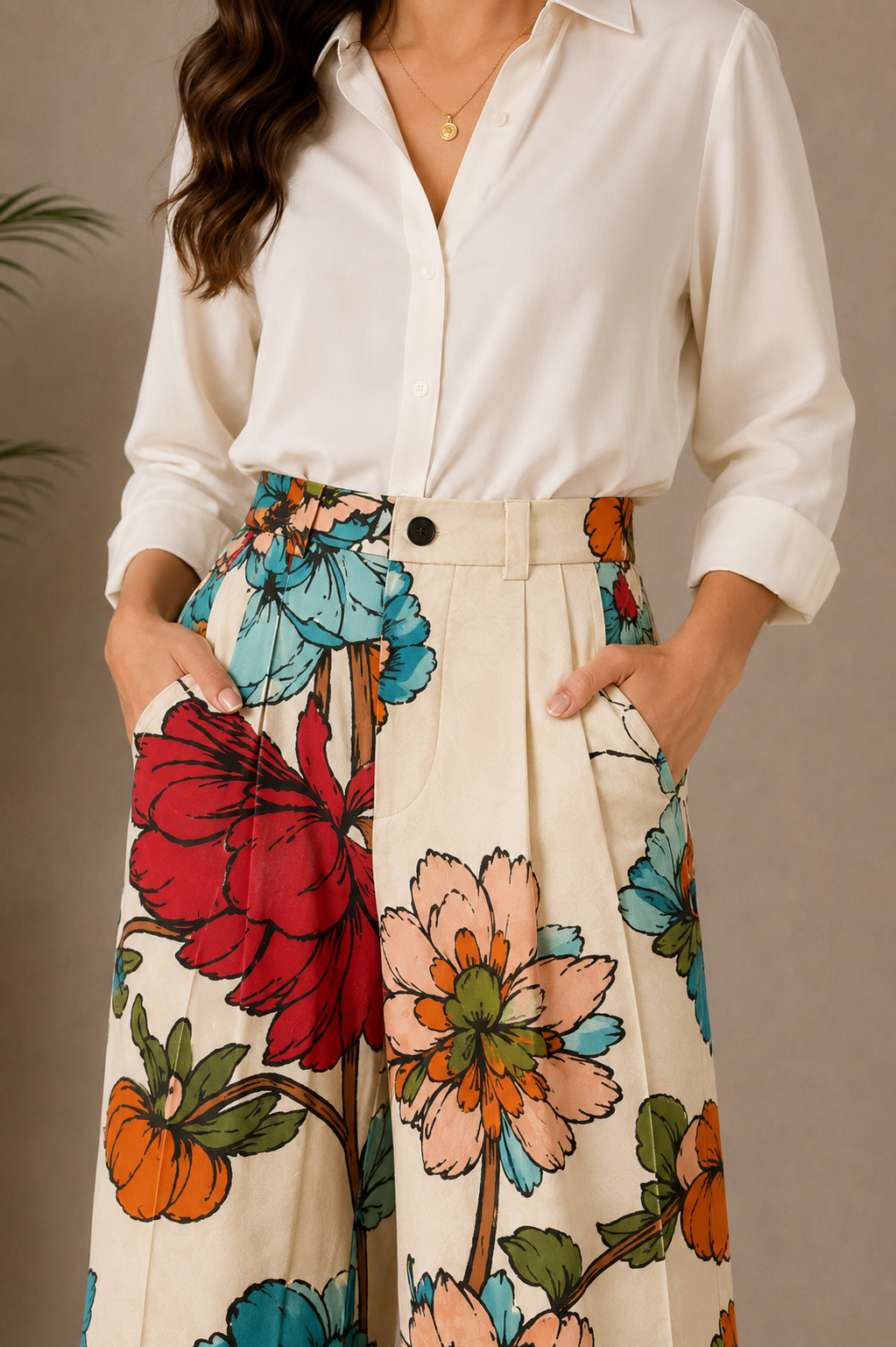 Women's Floral Print High-Waist Wide-Leg Trousers