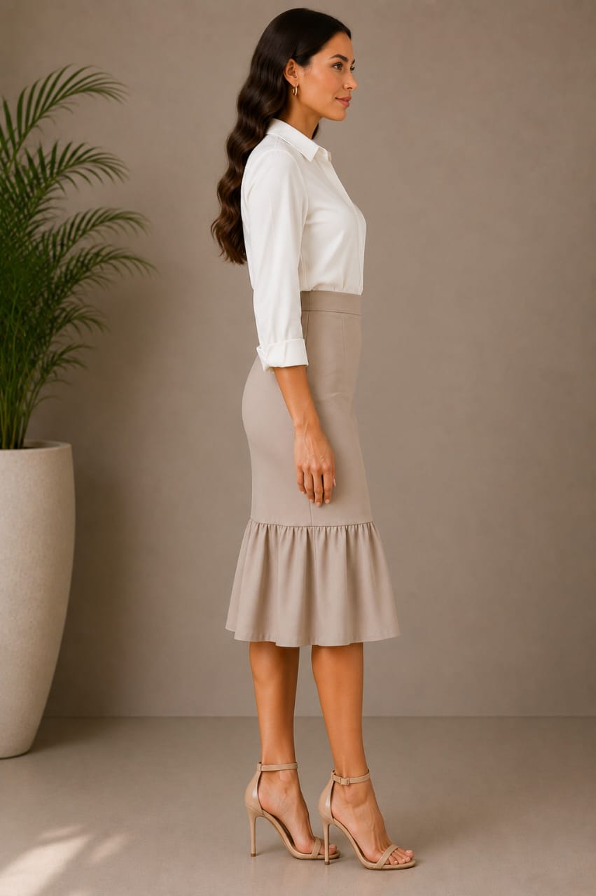 Flounce Hem Pencil Midi Skirt