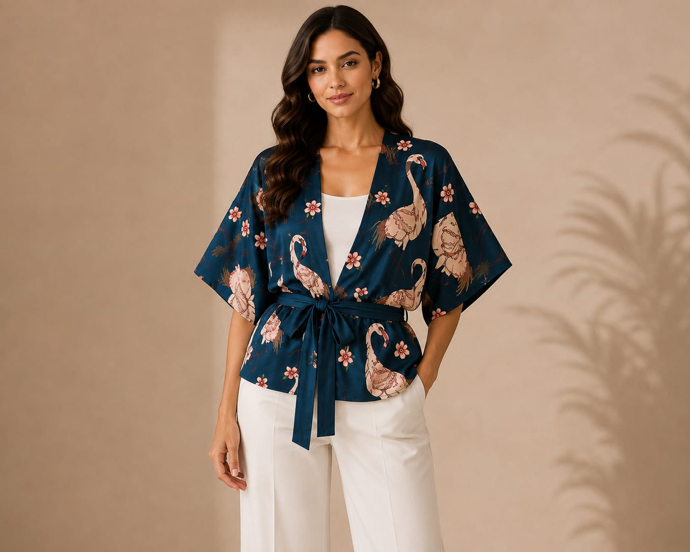 Women's Navy Blue Floral Crane Print Kimono Wrap Top with Waist Tie | Hey Martina