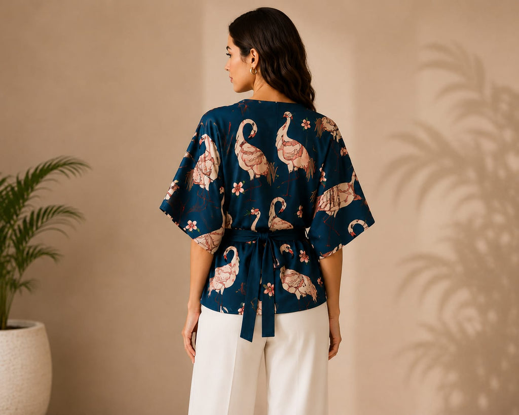 Women's Navy Blue Floral Crane Print Kimono Wrap Top with Waist Tie | Hey Martina