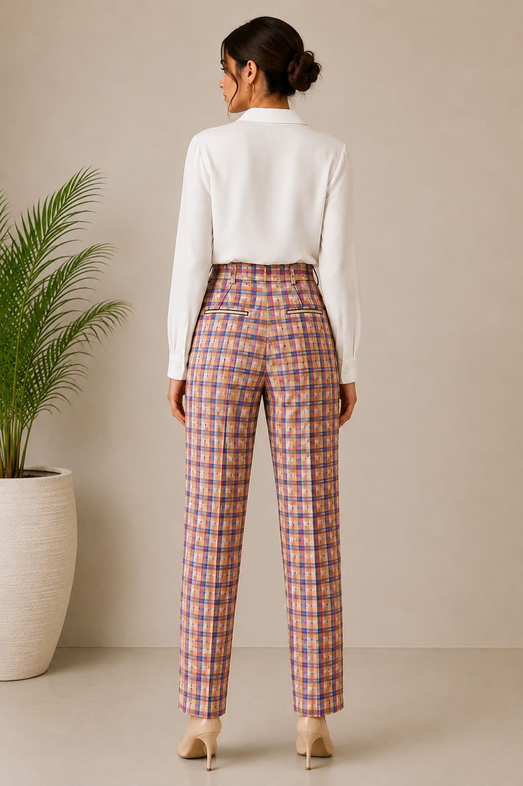 Women's High-Waist Plaid Straight-Leg Trousers – Multicolor Check | Premium Office Wear | Hey Martina