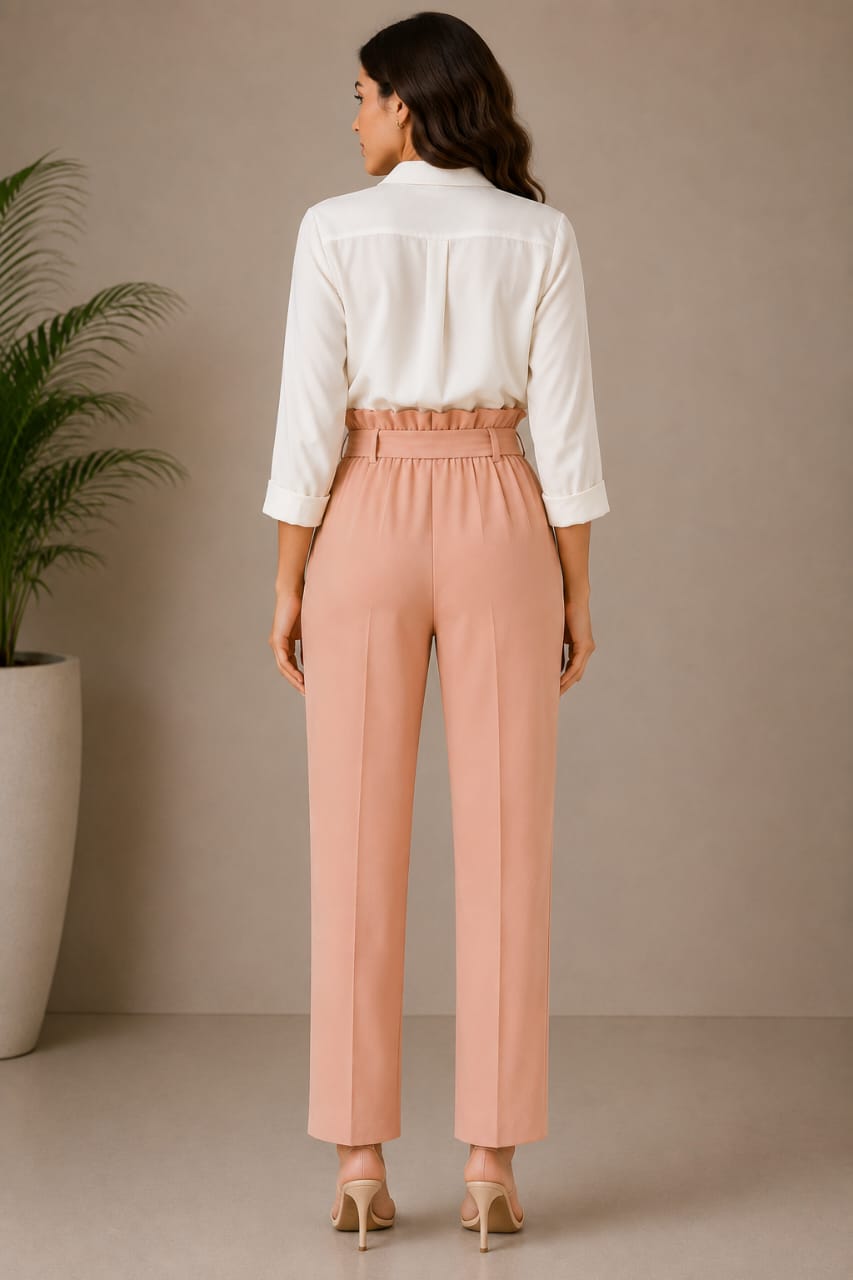 Women's Blush Pink High-Waist Straight-Leg Trousers with Tie Waist Belt