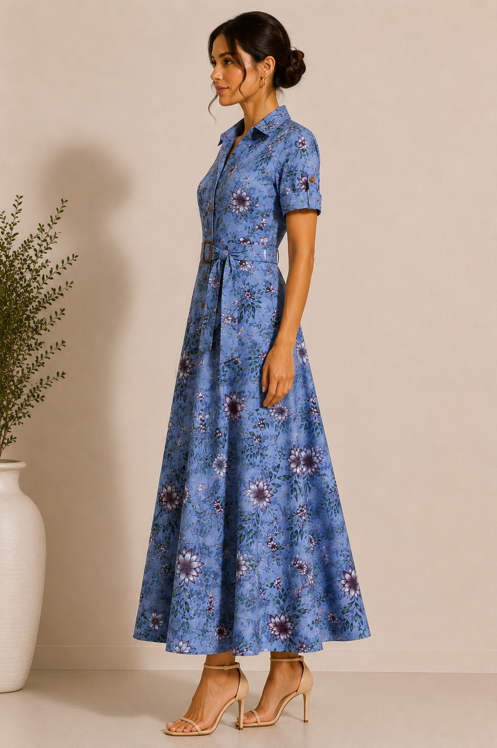 Floral Print Belted Maxi Shirt Dresses