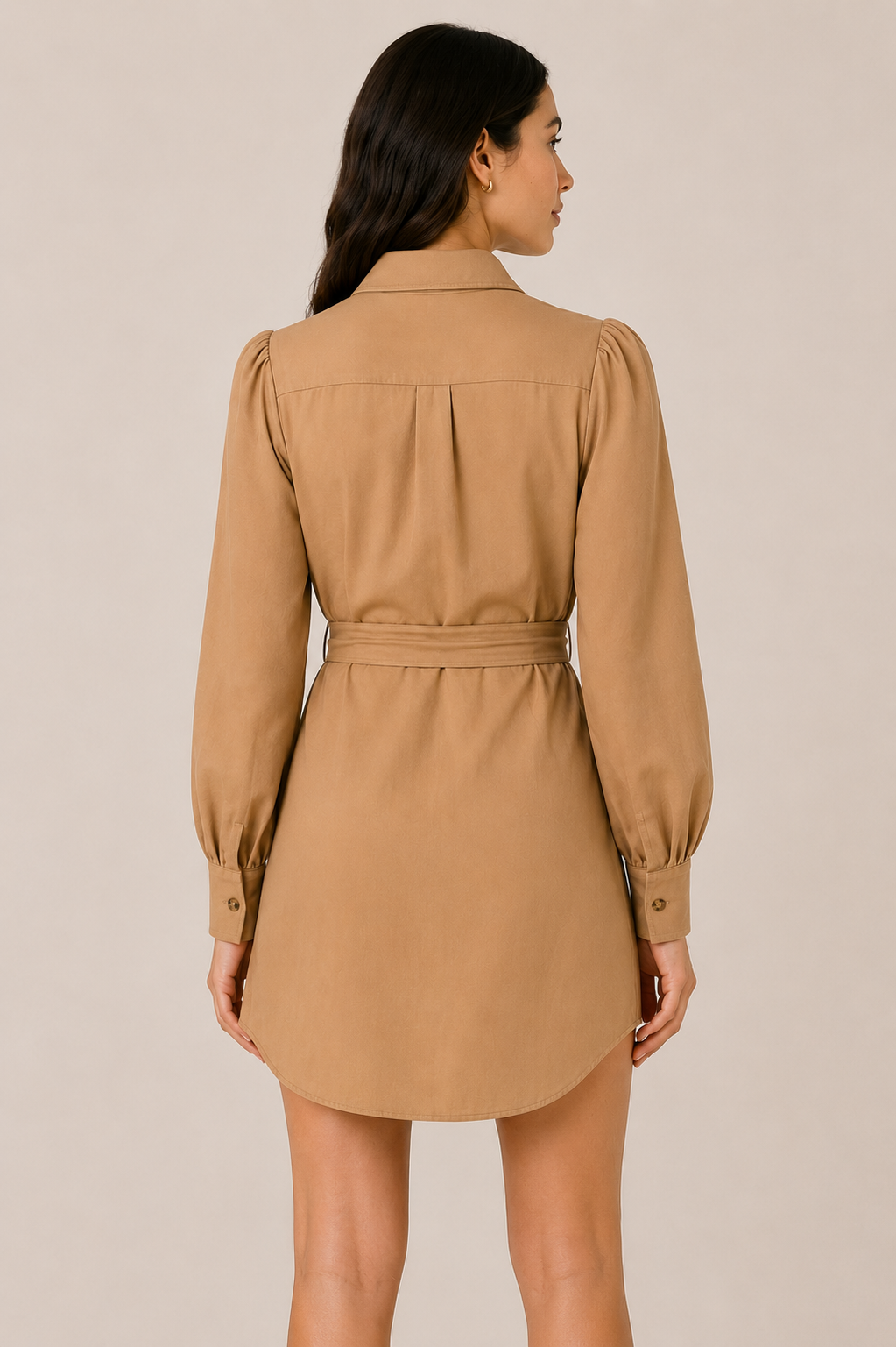Women's Camel Shirt Dress with Waist Tie | Long Sleeve Belted Mini Dress