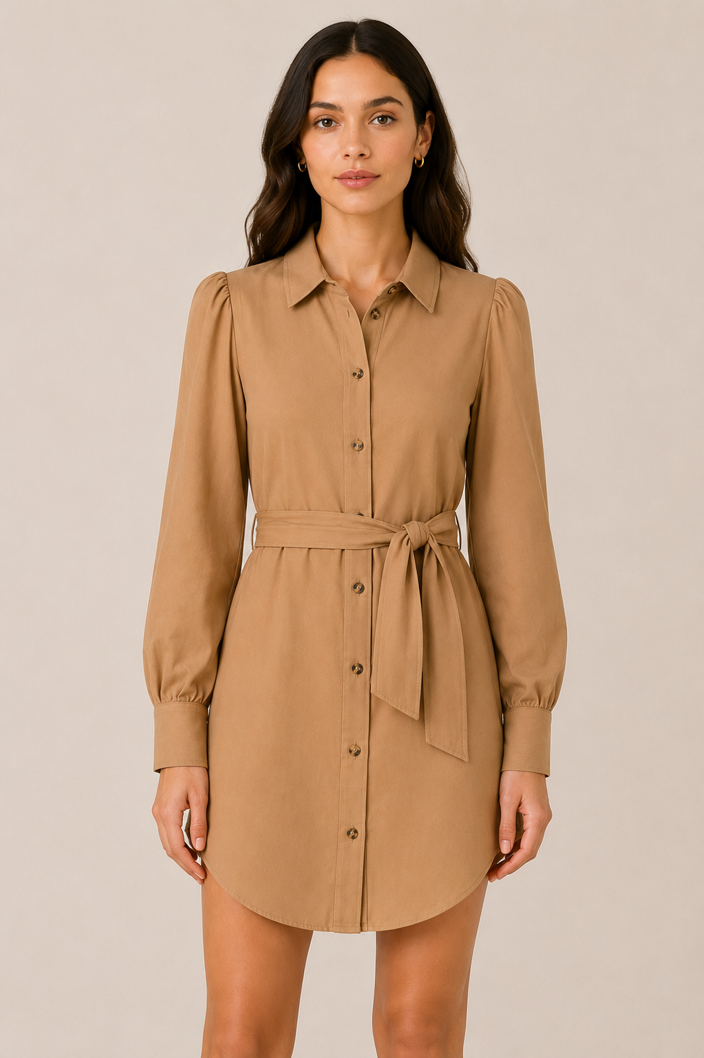 Women's Camel Shirt Dress with Waist Tie | Long Sleeve Belted Mini Dress