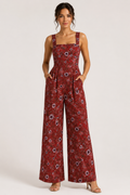 Red Floral Jumpsuits. Square Neck Floral Wide-Leg Jumpsuit