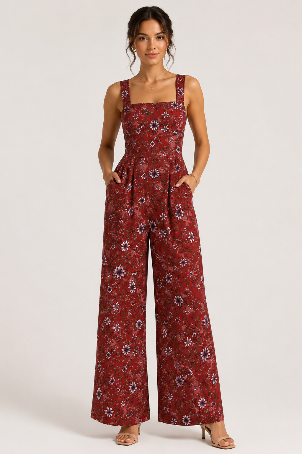 Red Floral Jumpsuits. Square Neck Floral Wide-Leg Jumpsuit