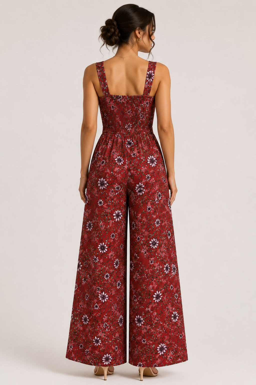 Red Floral Jumpsuits. Square Neck Floral Wide-Leg Jumpsuit