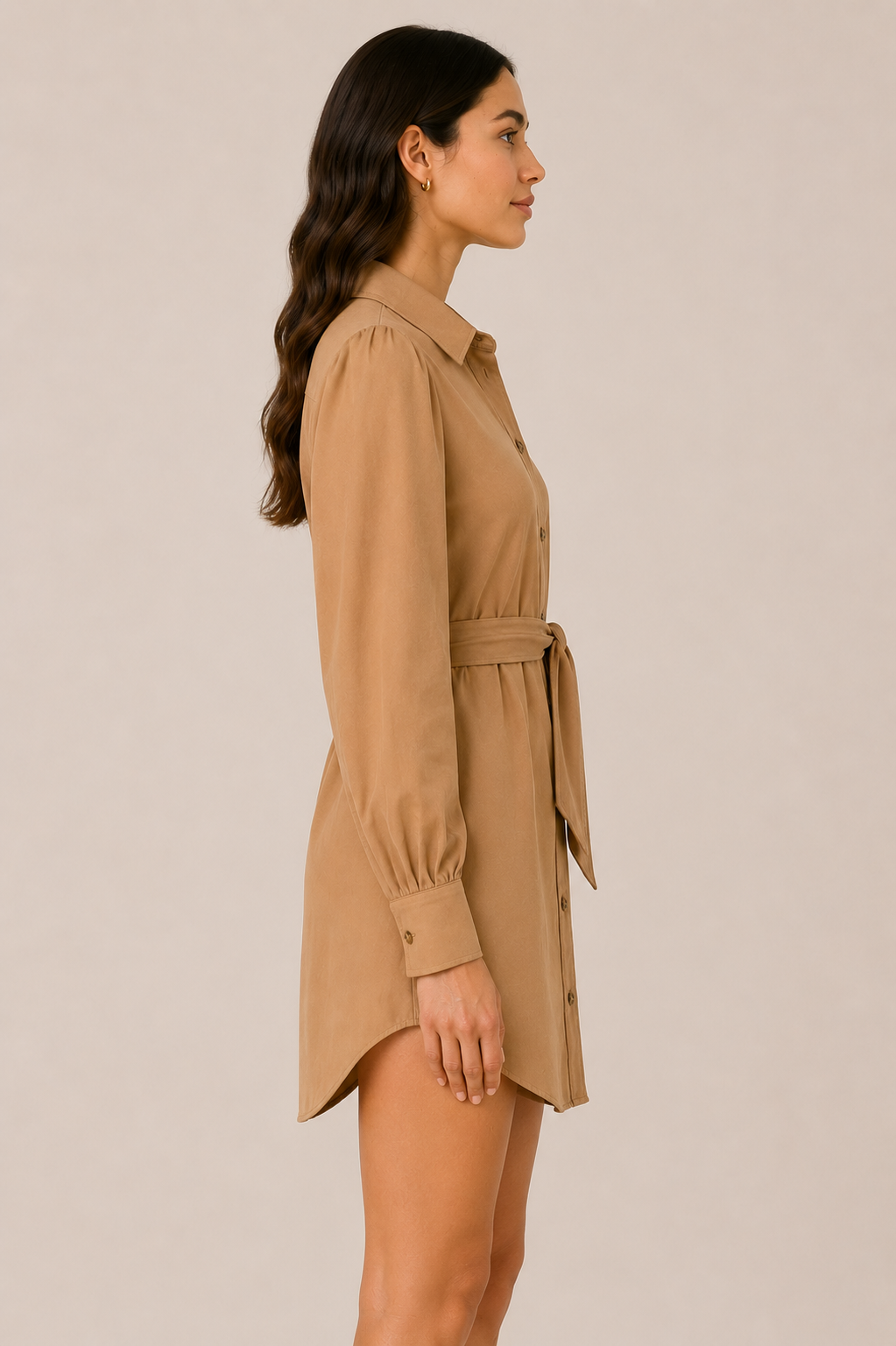 Women's Camel Shirt Dress with Waist Tie | Long Sleeve Belted Mini Dress