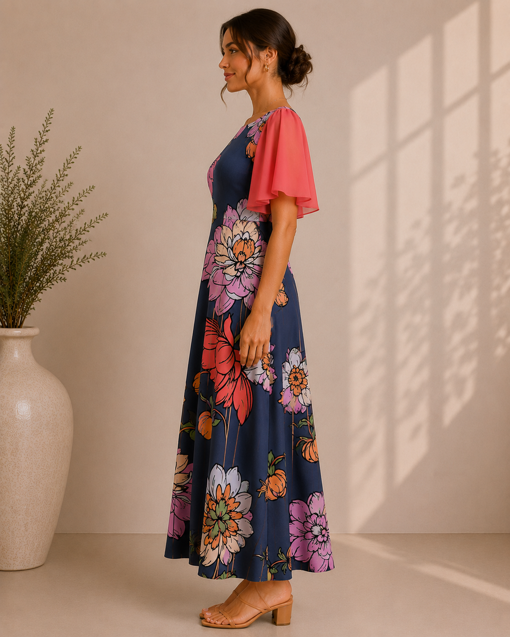 Midnight Bloom Flutter Sleeve Maxi Dress