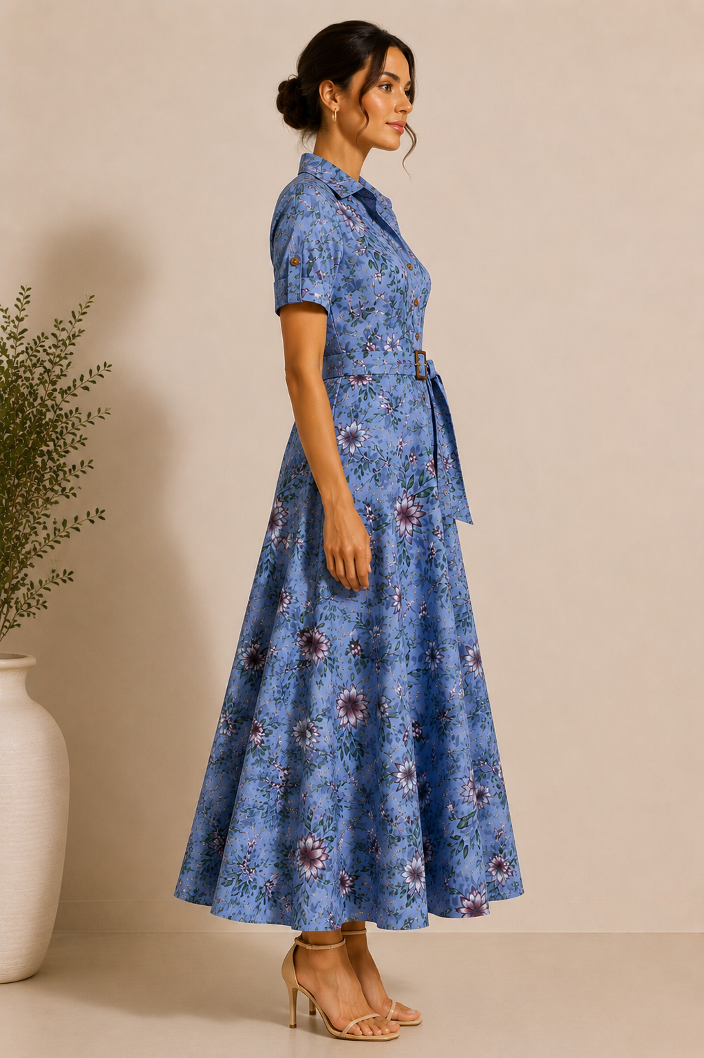 Floral Print Belted Maxi Shirt Dresses