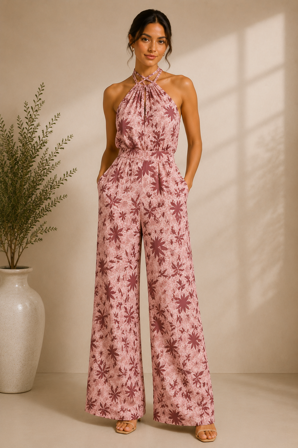 Halter Neck Floral Wide-Leg Jumpsuit