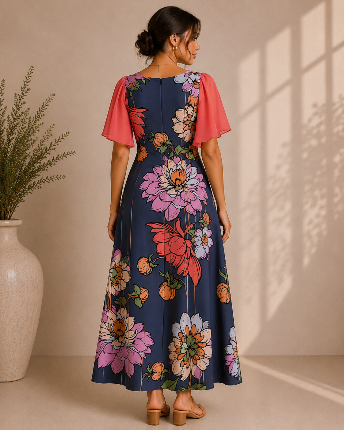 Midnight Bloom Flutter Sleeve Maxi Dress