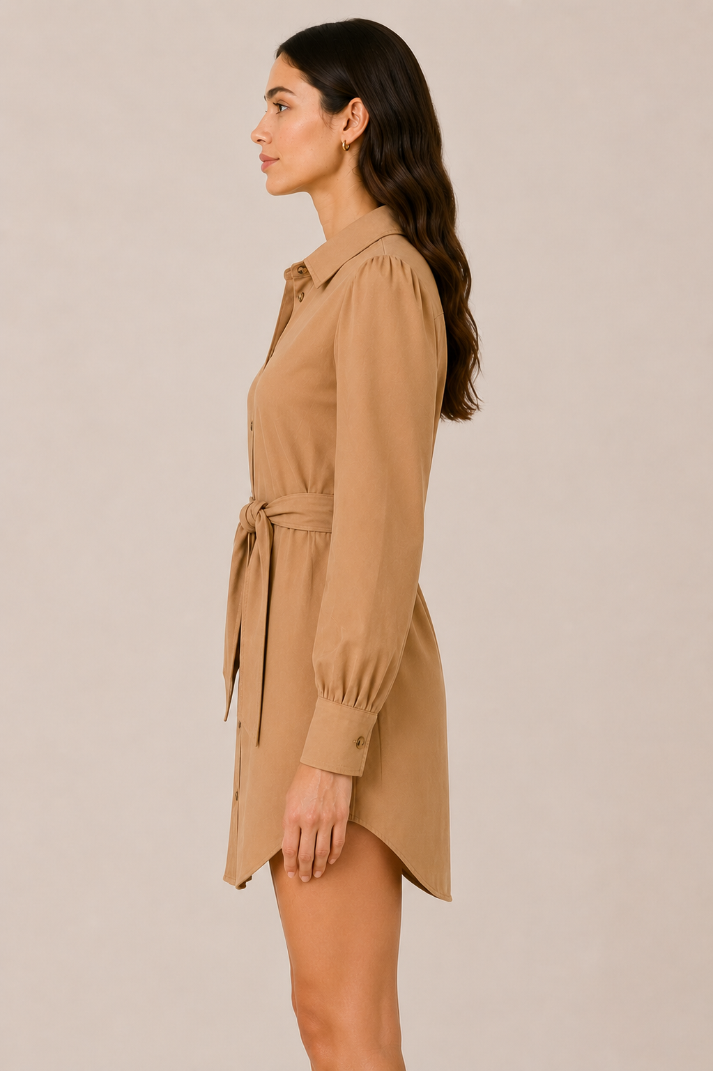 Women's Camel Shirt Dress with Waist Tie | Long Sleeve Belted Mini Dress