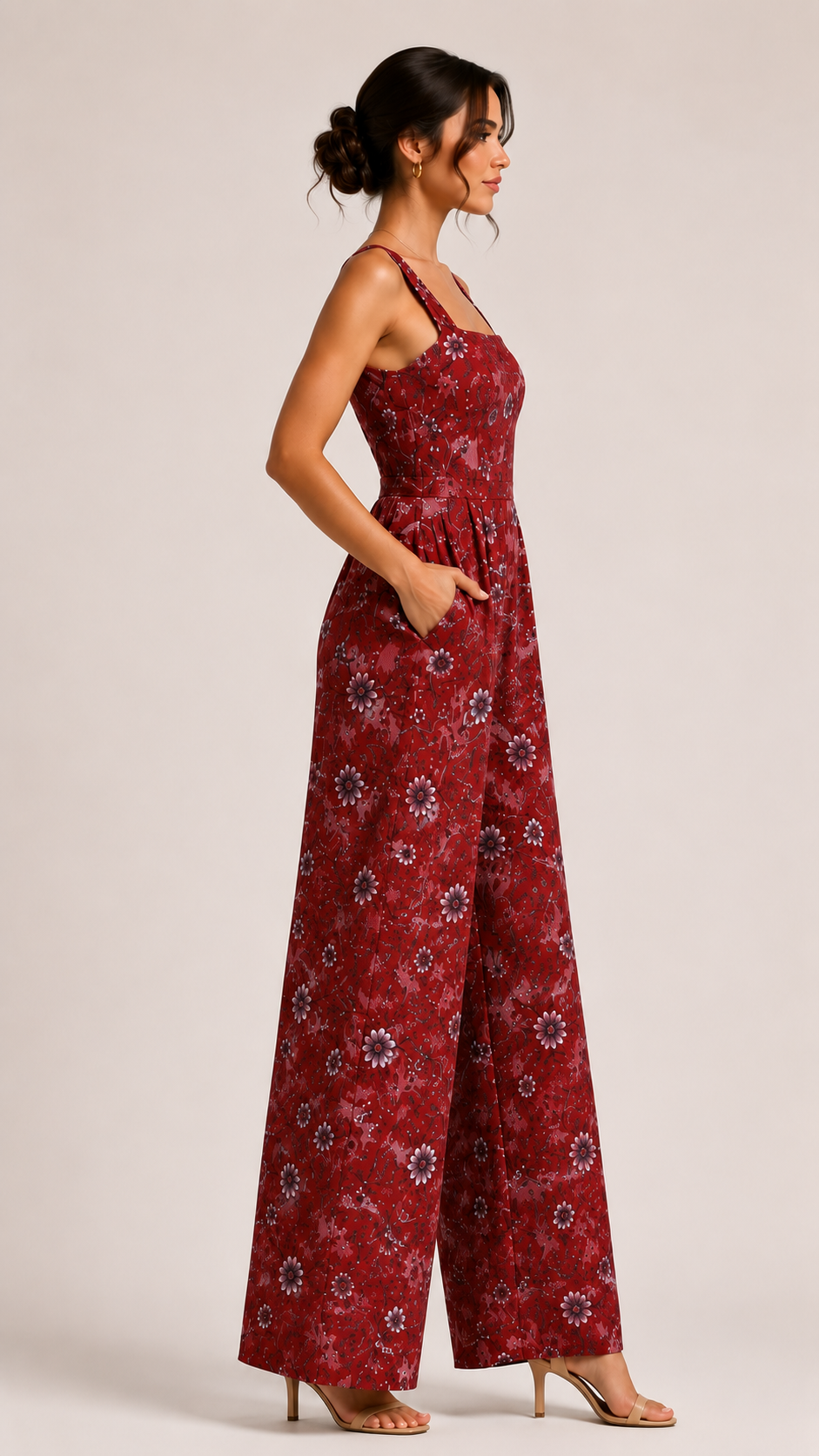 Red Floral Jumpsuits. Square Neck Floral Wide-Leg Jumpsuit