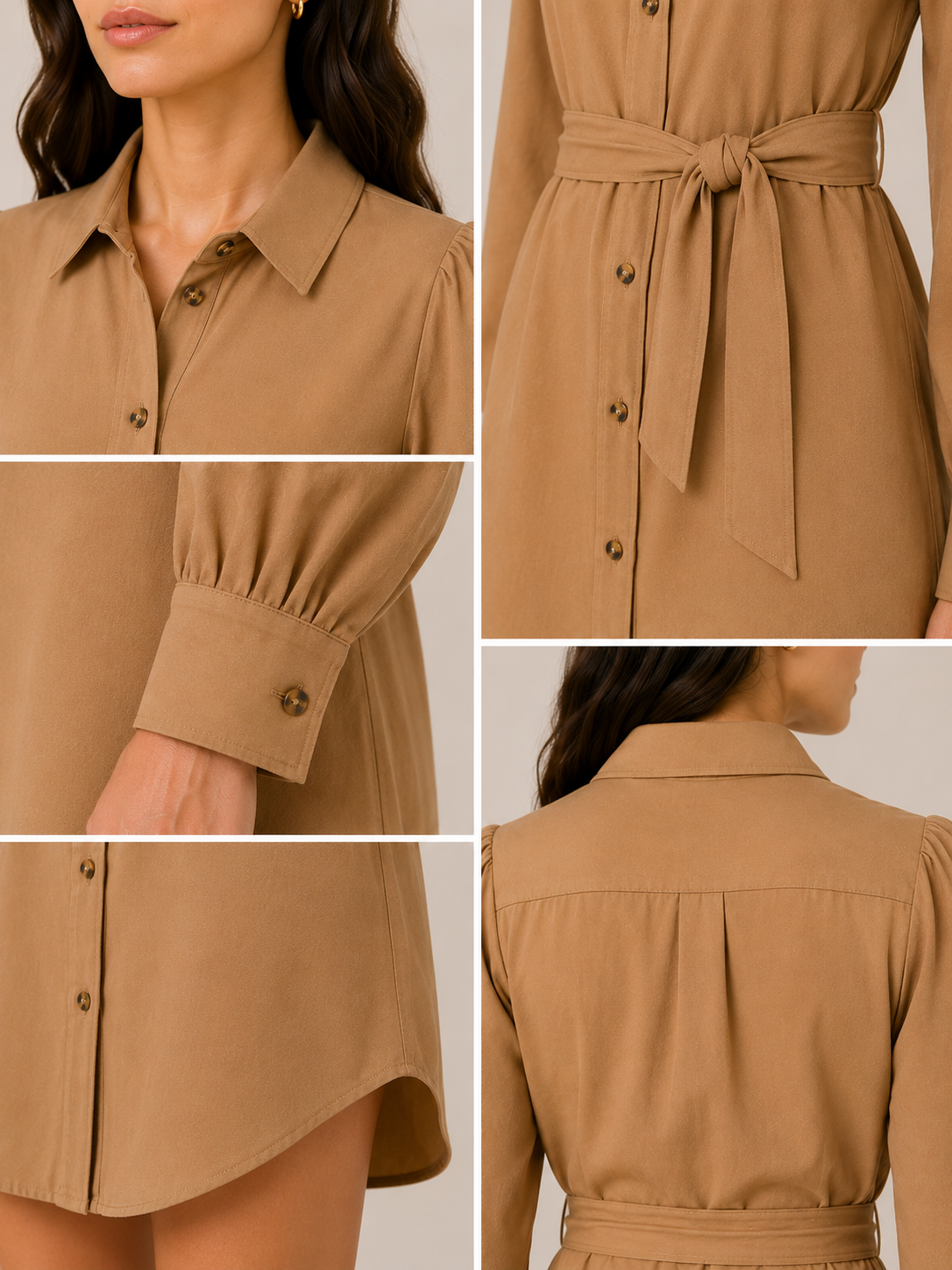 Women's Camel Shirt Dress with Waist Tie | Long Sleeve Belted Mini Dress