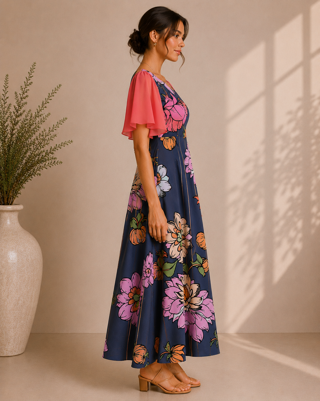 Midnight Bloom Flutter Sleeve Maxi Dress