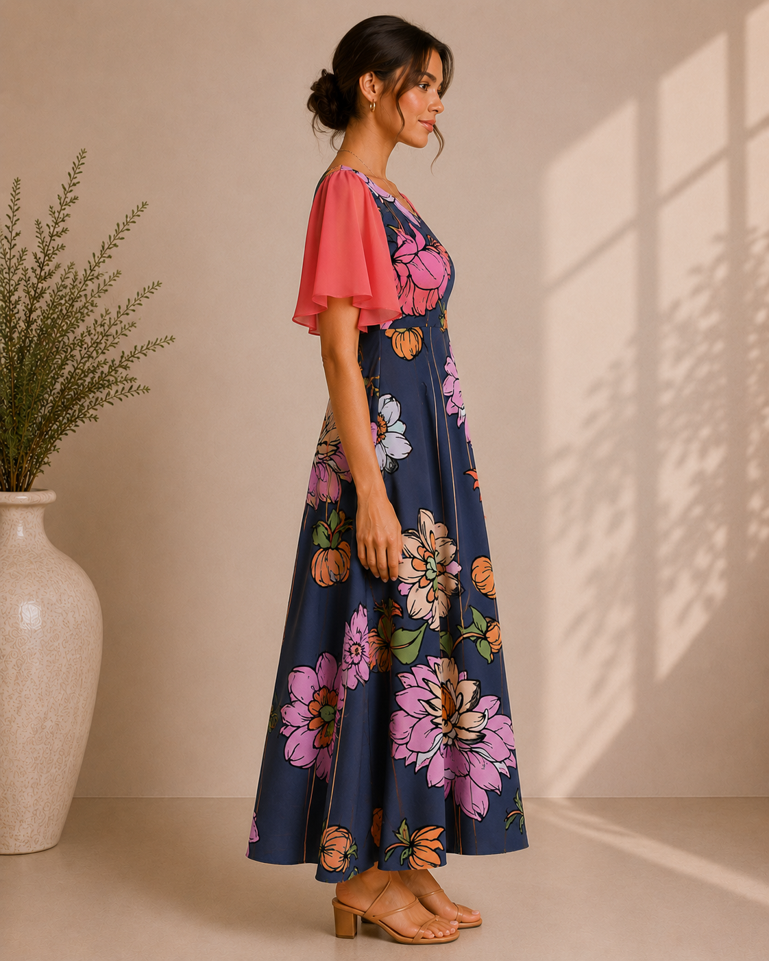 Midnight Bloom Flutter Sleeve Maxi Dress