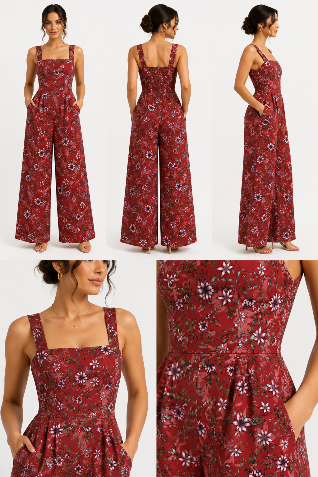 Red Floral Jumpsuits. Square Neck Floral Wide-Leg Jumpsuit