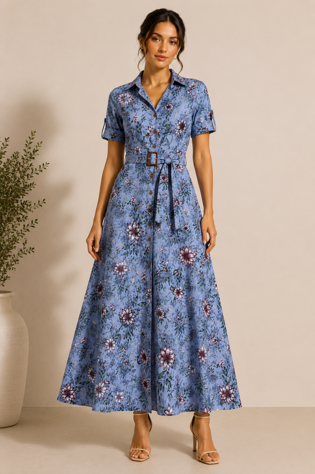 Floral Print Belted Maxi Shirt Dresses