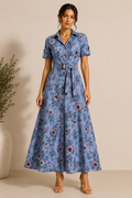 Floral Print Belted Maxi Shirt Dresses